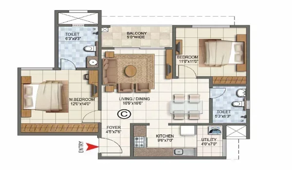 Sobha Wisteria 2 BHK Floor Plan